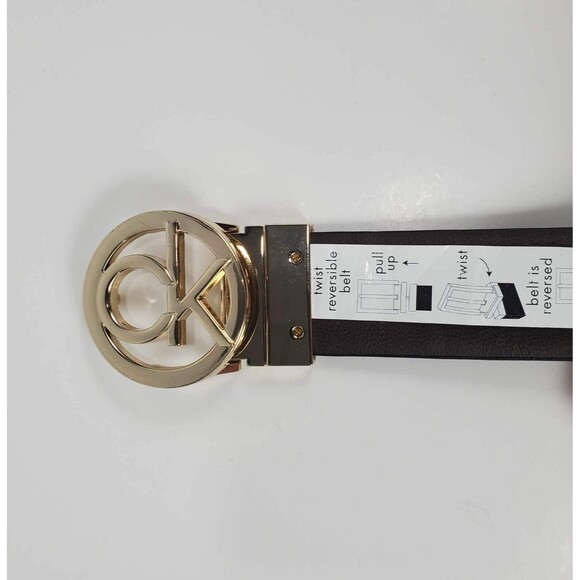Calvin Klein Reversible Belt Brown Gold Buckle CK Logo Print Women Size Small 32 - Picture 5 of 8